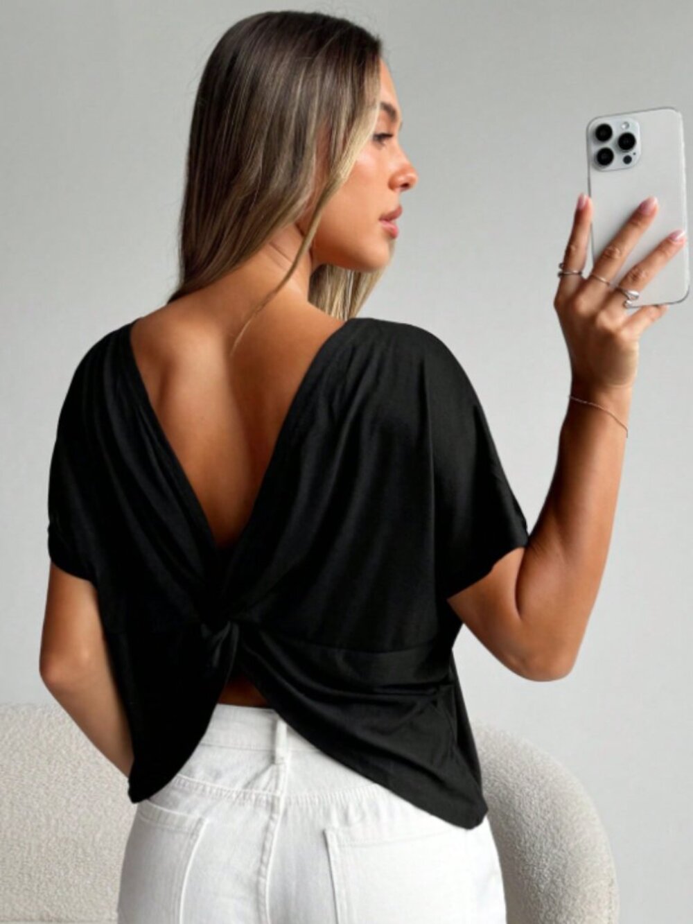 SHEIN Essnce Women's Plus-Size Black Summer Smart Casual Night Out Backless T-Sh